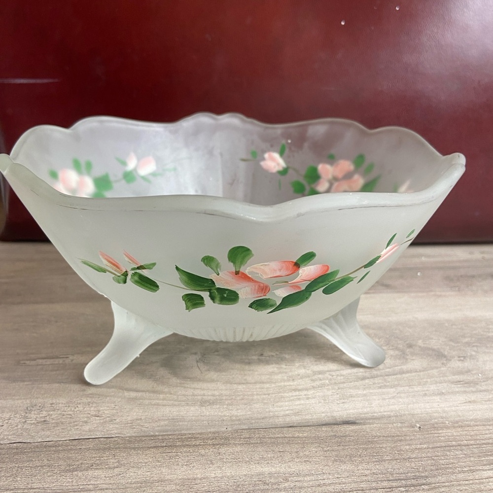 Vtg Lancaster Glass Frosted Satin‎ Kay Clear 3 Toed Bowl Hand Painted Flowers